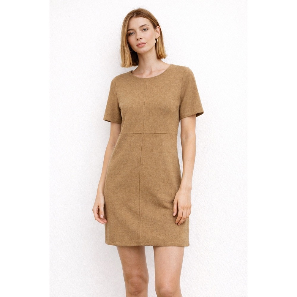 Zara Womens Small Camel Tan Short Sleeve Knit Mini Dress Exposed Seam Detail